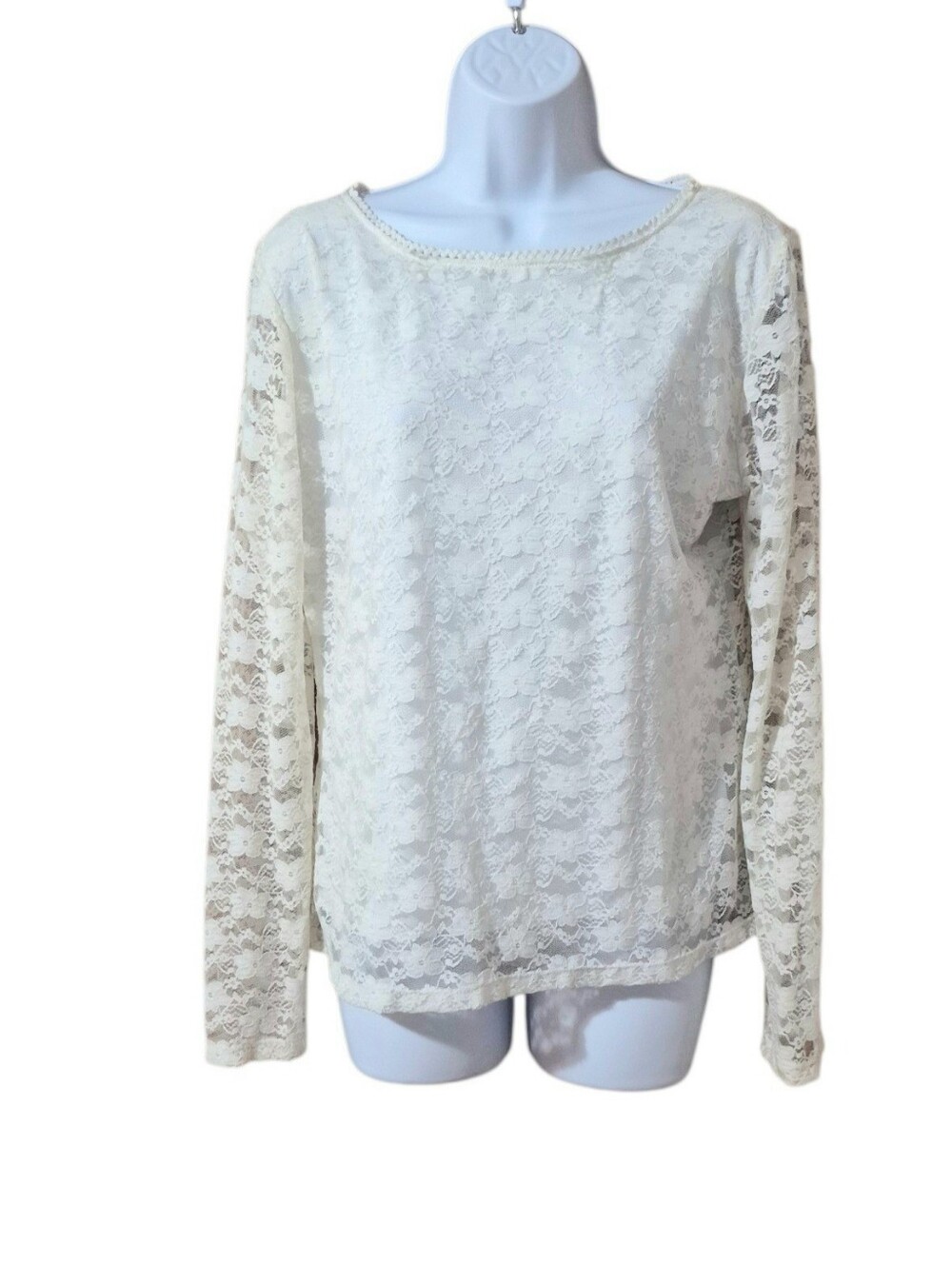 Vanklee Rayon Blend Women's Lined Ivory Floral Lace Long-Sleeve Top Sz Lg EUC